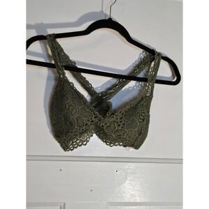 True Olive Green Floral Lace Bralette Cross Back V-Neck Boho Lined Bra Small